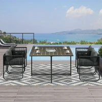 Outsunny Set de Gradina 5 Bucati din Ratan PE si Otel, 4 Scaune de Exterior cu Perne Capitonate si Masa Dreptunghiulara cu Blat din Plastic, Negru si Gri(m-10)