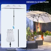 Outsunny Umbrela de soare de gradina basculabila dubla cu deschidere cu manivela, copertina cu orificii cu ventilatie si 12 nervuri, 295x152x222cm, alb(m-8)