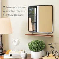 HOMCOM Lustro ścienne z półką, design vintage, metalowa rama, drewno paulowni, 55 x 55,5 cm, Czarne/Drewno(m-5)