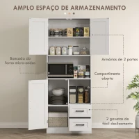 HOMCOM Armário de Cozinha Rústico Armário Alto de Cozinha com Portas Compartimentos Abertos Gavetas e Prateleiras Ajustáveis Anti-Tombo para Sala de Jantar 70x40x180 cm Branco(m-5)