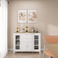 HOMCOM Aparador de Cozinha com Armário 2 Gavetas 2 Portas de Vidro e Prateleiras Ajustáveis Móvel Auxiliar de Armazenamento para Sala de Jantar Sala de Estar 120x40x90cm Branco(m-2)