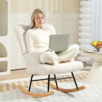 HOMCOM Silla Mecedora de Borreguito con Respaldo Capitoné y Base de Madera de Caucho para Salón o Dormitorio 65x88x87 cm Crema(m-7)