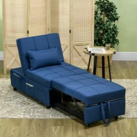 HOMCOM 3-in-1 Opvouwbare Fauteuil met Zijvak, Gastenbed met Kussen, Verstelbare Rugleuning, Stoelbed met Wielen, Blauw(m-7)