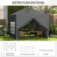 Outsunny Tenda de Jardim com Paredes Laterais Amovíveis Janelas Porta com Fecho de Correr e Bolsa de Transporte 295x295x196-258 cm Cinzento(m-7)