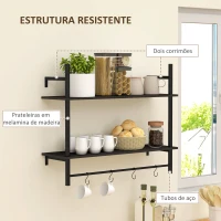 HOMCOM Estante de Parede de 2 Níveis Estante Suspensa com 4 Ganchos 2 Prateleiras e Estrutura de Metal 80x24x65 cm Preto(m-5)