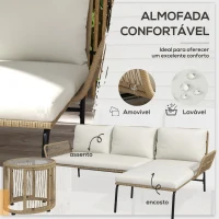 Outsunny Conjunto de Móveis de Jardim em Vime com Sofá de 2 Lugares Chaise Longue Almofadas e Mesa Auxiliar Creme e Madeira(m-5)