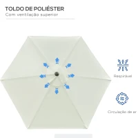 Outsunny Chapéu de Sol de Jardim Ø230x216 cm com Teto Ajustável Abertura Manual Impermeável para Terraço Pátio Piscina Praia Creme(m-6)