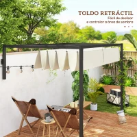 Outsunny Pérgola de Parede 297x211x220 cm Pérgola de Jardim com Teto Retrátil e Estrutura de Aço Pérgola Creme(m-5)