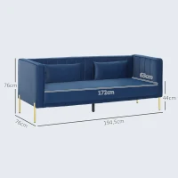HOMCOM Sofá de 3 Lugares Estofado em Veludo com 2 Almofadas Apoio para os Braços e Pés Dourados 194,5x76x76 cm Azul Marinho(m-3)