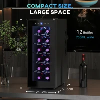 HOMCOM Frigider Termoelectric Dublu pentru 12 Sticle de Vin cu Ușă de Sticlă și Lumină LED, 26,5x51,5x65 cm, Negru(m-3)