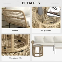 Outsunny Conjunto de Móveis de Jardim em Vime com Sofá de 2 Lugares Chaise Longue Almofadas e Mesa Auxiliar Creme e Madeira(m-6)