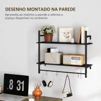 HOMCOM Estante de Parede de 2 Níveis Estante Suspensa com 4 Ganchos 2 Prateleiras e Estrutura de Metal 80x24x65 cm Preto(m-6)