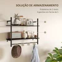 HOMCOM Estante de Parede de 2 Níveis Estante Suspensa com 4 Ganchos 2 Prateleiras e Estrutura de Metal 80x24x65 cm Preto(m-4)
