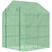 Outsunny Walk-in Small Greenhouse with Shelves, Outdoor Green House Grow House with Waterproof PE Cover and Roll-up Door, 143x143x195cm, Green(m-11)