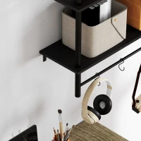HOMCOM Estante de Parede de 2 Níveis Estante Suspensa com 4 Ganchos 2 Prateleiras e Estrutura de Metal 80x24x65 cm Preto(m-9)