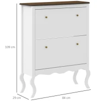 HOMCOM Móvel Sapateira Estilo Francês Sapateira com 2 Gavetas Prateleiras Ajustáveis para 16 Pares de Sapato 84x29x109 cm Branco(m-3)