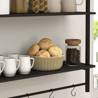 HOMCOM Estante de Parede de 2 Níveis Estante Suspensa com 4 Ganchos 2 Prateleiras e Estrutura de Metal 80x24x65 cm Preto(m-8)