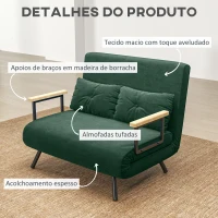 HOMCOM Sofá Cama Sofá Convertível em Cama de 2 Lugares Dobrável com Encosto Ajustável em 5 Níveis e 2 Almofadas 102x73x81 cm Verde(m-6)