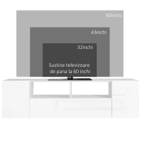 HOMCOM Dulap pentru Televizor cu Luciu Intens pentru Televizoare de pana la 60” cu lumini LED, Suport TV cu Rafturi de Depozitare si Dulapuri, Alb.(m-7)