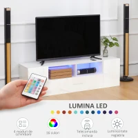 HOMCOM Dulap pentru Televizor cu Luciu Intens pentru Televizoare de pana la 60” cu lumini LED, Suport TV cu Rafturi de Depozitare si Dulapuri, Alb.(m-5)
