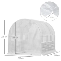 Outsunny Foliënkas met 6 oprolbare ramen, deur met ritssluiting, roestvrij stalen frame, 2,95 x 2 x 2 m, wit(m-3)