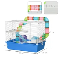 PawHut Cușcă pentru Hamsteri cu 3 Nivele, Tub, Roată de Alergat, Sticlă de Apă și Bol de Mancare, 59x36x47 cm, Albastru(m-3)