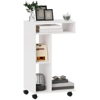 HOMCOM Mesa Auxiliar em Forma de C Mesa Auxiliar para Sofá com Rodas Compartimentos Abertos 40x30x69 cm Branco(m-10)