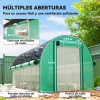 Outsunny Invernadero de Túnel 4,5x2x2 m con Cubierta PE 140 g/m² Paredes Laterales Enrollables 8 Ventanas y 2 Puertas Verde(m-5)