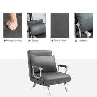 HOMCOM Single Chair Sofa Bed Convertible Detachable Grand Comfort Cushion Metal Armrest Legs Suede Grey(m-6)