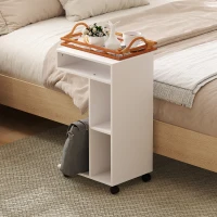 HOMCOM Mesa Auxiliar em Forma de C Mesa Auxiliar para Sofá com Rodas Compartimentos Abertos 40x30x69 cm Branco(m-8)