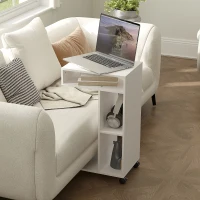 HOMCOM Mesa Auxiliar em Forma de C Mesa Auxiliar para Sofá com Rodas Compartimentos Abertos 40x30x69 cm Branco(m-9)