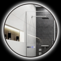 HOMCOM Specchio Bagno con Luce LED Regolabile, Antiappannamento e Display Tempo e Temperatura, Ø70 cm, Nero