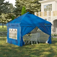 Outsunny Pavilion 3x3m Folding Pavilion 4 Side Walls with Window Door Party Tent Garden Tent Pop-Up Pavilion incl. Pegs Guy Ropes Carrying Bag Metal Oxford Blue(m-2)