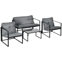 Outsunny Garden Furniture Set, 1 Glass Table, 2 Armchairs, 1 Sofa, Weather-Resistant, 114cm x 70cm x 67cm, Gray + Black(m-11)