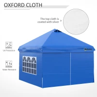 Outsunny Pavilion 3x3m Folding Pavilion 4 Side Walls with Window Door Party Tent Garden Tent Pop-Up Pavilion incl. Pegs Guy Ropes Carrying Bag Metal Oxford Blue(m-6)