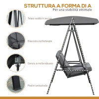 Outsunny Dondolo 2 Posti con Tettuccio Regolabile e Cuscini, in Acciaio e Poliestere, 144x117x173 cm, Grigio(m-6)