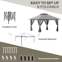 Outsunny Pop-Up Canopy, Height-Adjustable, 4 Mesh Walls, Ventilation Roof, Carrying Bag, Quick Setup, Dark Gray, 4 x 4 x 3 m(m-5)