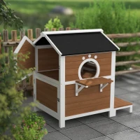 PawHut Buitenkattenhuis met Weerbestendig Dak, Venster, Balkon, 2 Niveaus, Verwijderbare Bodem, voor 1-2 Katten, Bruin(m-8)