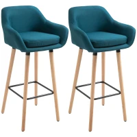 HOMCOM Scandinavian Design Bar Stools - Set of 2 Bar Stools with High Comfort, Footrests, and Armrests - Solid Wood Blue Linen(m-13)