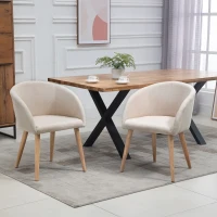 HOMCOM Set of 2 Scandinavian Design Dining Chairs Kitchen Chair - Tapered Slanted Rubber Wood Legs - Ergonomic Seat Backrest Armrests Linen-Look Beige(m-12)
