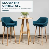 HOMCOM Scandinavian Design Bar Stools - Set of 2 Bar Stools with High Comfort, Footrests, and Armrests - Solid Wood Blue Linen(m-4)