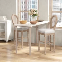 HOMCOM Set of 2 Louis XVI Style Medallion Bar Chairs, Solid Carved Patinated Rubberwood Linen Look 48 x 56 x 118 cm Cream(m-10)