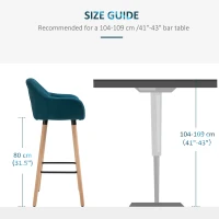 HOMCOM Scandinavian Design Bar Stools - Set of 2 Bar Stools with High Comfort, Footrests, and Armrests - Solid Wood Blue Linen(m-7)