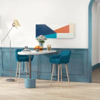 HOMCOM Scandinavian Design Bar Stools - Set of 2 Bar Stools with High Comfort, Footrests, and Armrests - Solid Wood Blue Linen(m-2)