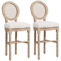 HOMCOM Set of 2 Louis XVI Style Medallion Bar Chairs, Solid Carved Patinated Rubberwood Linen Look 48 x 56 x 118 cm Cream(m-1)