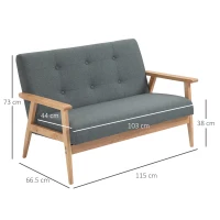 HOMCOM Scandinavian Style 2-Seater Sofa with Armrests, Wood Legs, 115W x 66.5D x 73H cm, Dark Gray(m-3)
