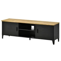 HOMCOM TV Stand TV Stand for 55'' TVs with 2 Cupboards Adjustable Feet Black Metal Frame Natural Wood Top 150 x 40 x 50 cm(m-12)