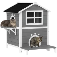 PawHut Buitenkattenhuis met Weerbestendig Dak, Venster, Balkon, Uitneembare Bodem, 2 Niveaus, voor 1-2 Katten, Grijs(m-10)