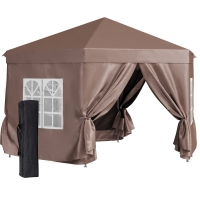 Outsunny 4x4m Hexagonal Pop up Gazebo - Garden Marquee Party Tent Wedding Canopy, Height Adjustable, with Storage Bag, Brown