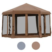 Outsunny 3.2m Pop Up Gazebo Hexagonal Canopy Tent for Outdoor Sun Protection - Includes Mesh Sidewalls and Handy Bag, Brown(m-14)